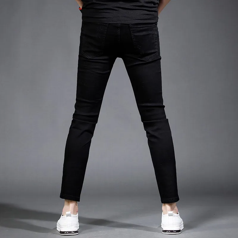 Summer Black Ankle-Length Pants Men Ripped Jeans Streetwear Korean Style Casual Lightweight Slim Fit Denim Trousers