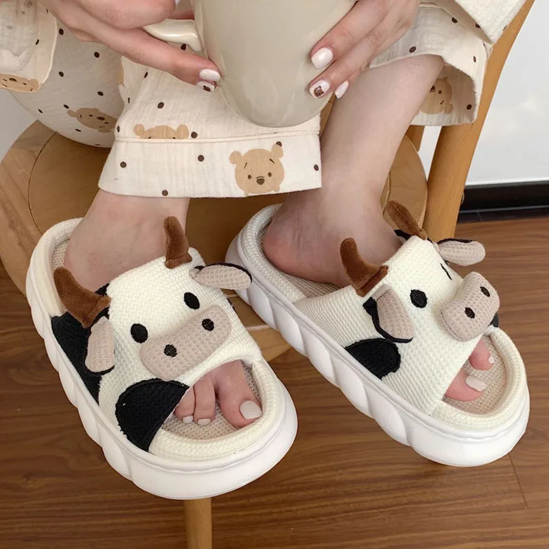 2023 Kawaii Slippers Cute Milk Cow Linen Slippers Women Platform Indoor Home Hemp Flip Flops Summer Thick Bottom Pillow Shoes
