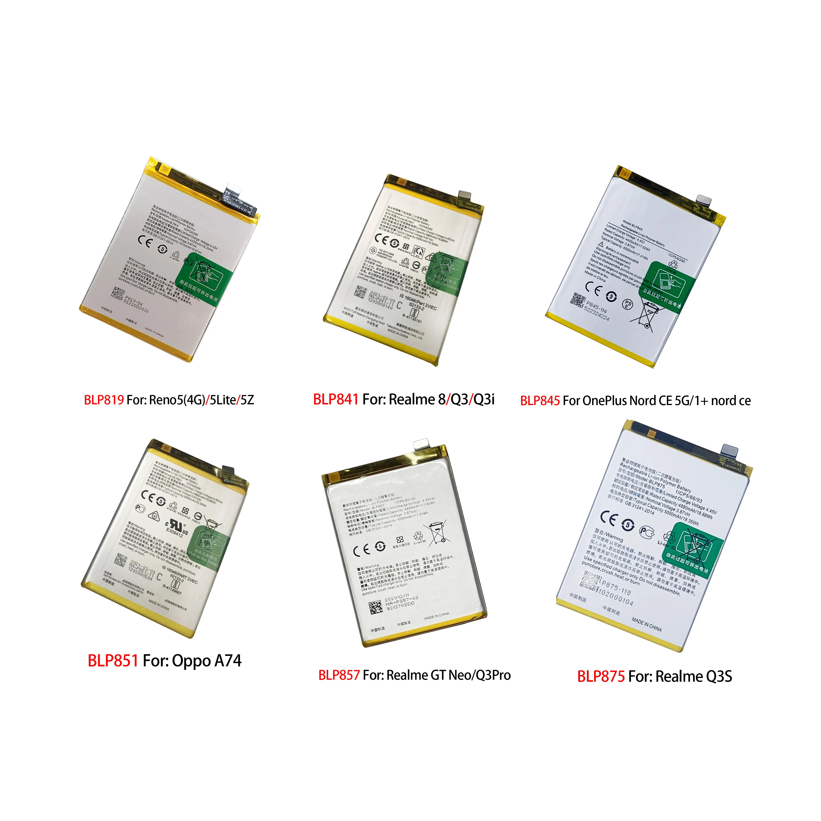

BLP819 BLP841 BLP845 BLP851 BLP857 BLP875 Battery For Oppo OnePlus Reno 5 5Lite Realme GT Neo Q3Pro Q3S Q3i Nord CE 5G/1+ A74