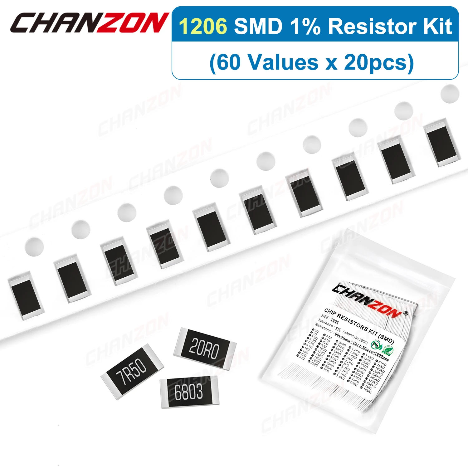 1200Pcs/lot 60 Values 1206 1% High Precision SMD Resistor Kit 0 1 120 200 470 1K 4.7K 20K 33K Ohm 1/4W Resistance Assortment Set