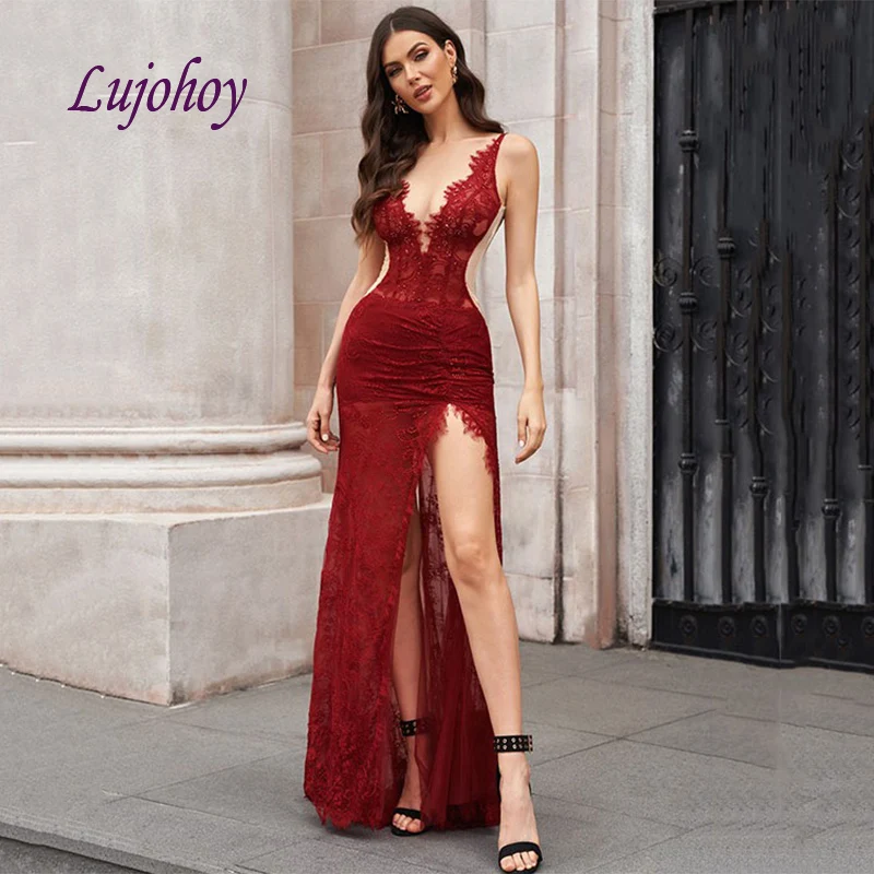 

Сексуальные красные длинные кружевные вечерние платья, юбка-годе для вечеринки, женское вечернее платье знаменитости с Боковым Разрезом, о...