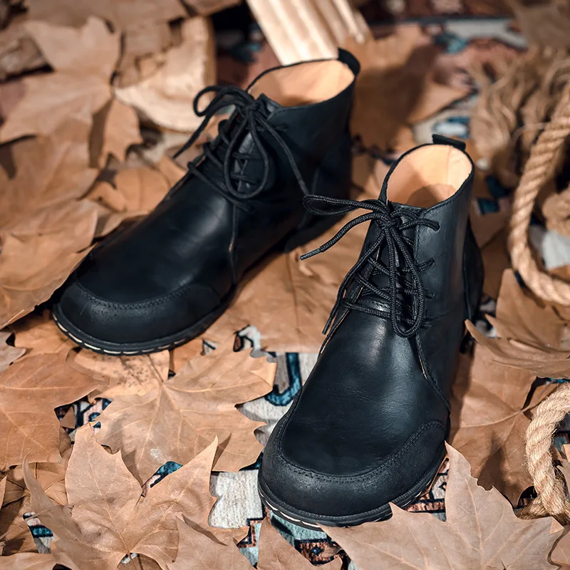 

High Quality Men Vintage British Men Leather Shoes Outdoor Work Ankle Boots Autumn Winter Black Military Boots Travel Boots New