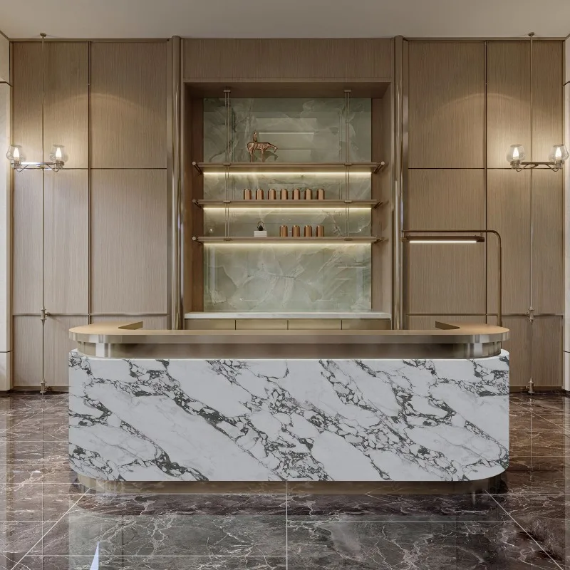 Фото Роскошная современная стойка ресепшн Infodesk, кассовая стойка для супермаркета, бизнес-стойка, мебель для приемной №5