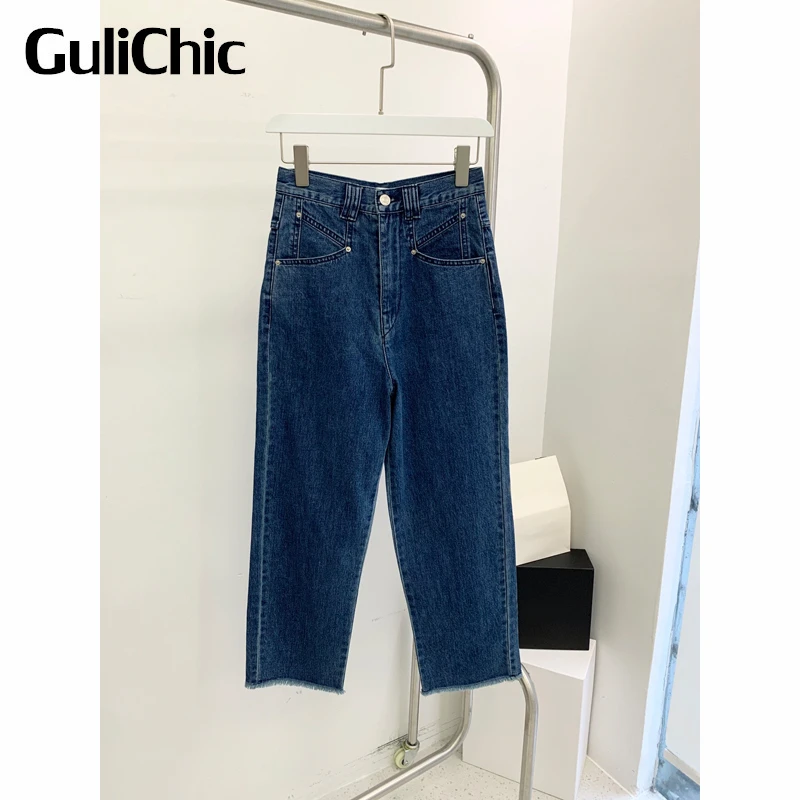 11.30 GuliChic Women Vintage Blue Jeans Fashion Frayed Hem Denim Straight Ankle-Length Pants