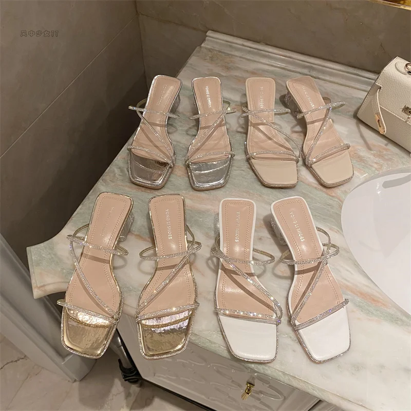 

Slippers Women Summer Med Shoes Square heel Glitter Slides Pantofle Transparent Heel Heeled Mules Fashion Block Jelly 2022 High