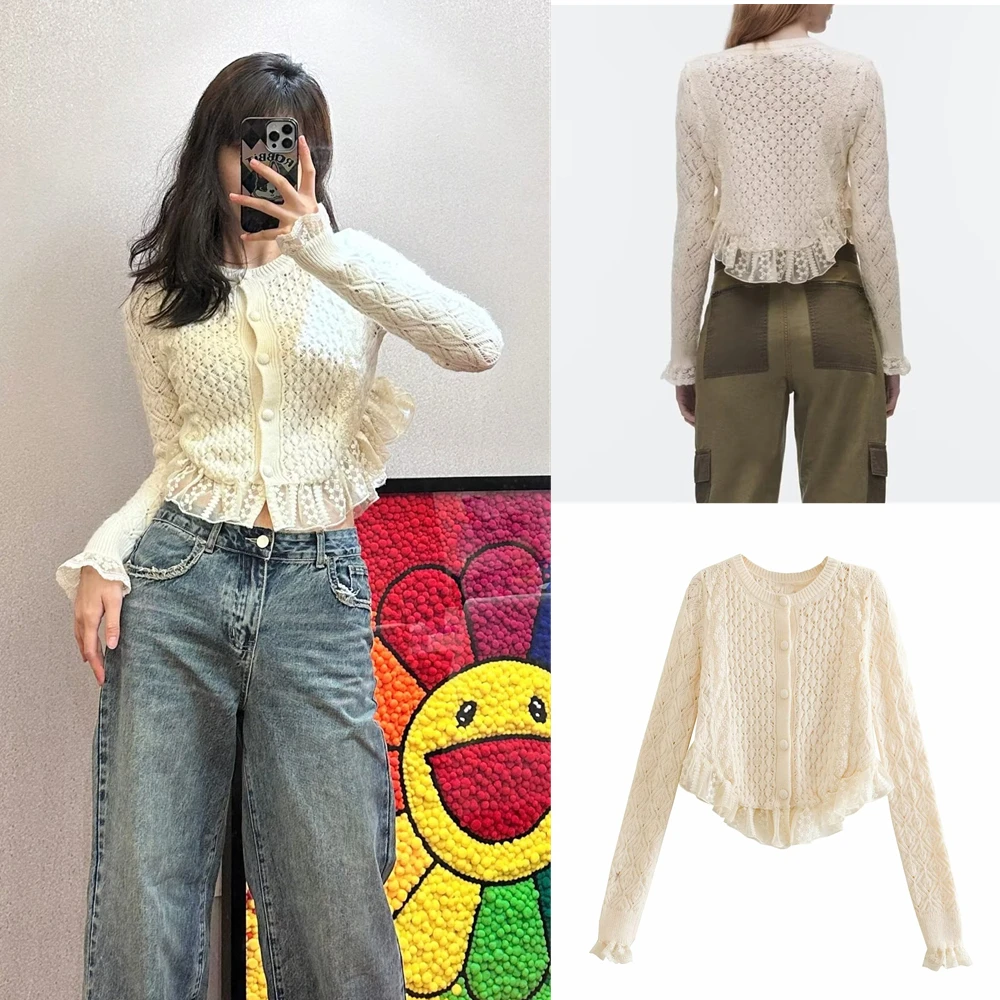 

2023 Spring New Lace Decoration Buttoned Long-sleeved Round Neck Hollow Knitted Top 4331010