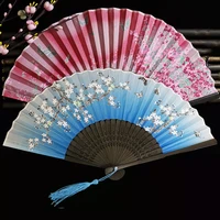 1pc vintage silk folding fan retro chinese japanese bamboo folding fan tassel dance hand fan home decoration ornament craft gift