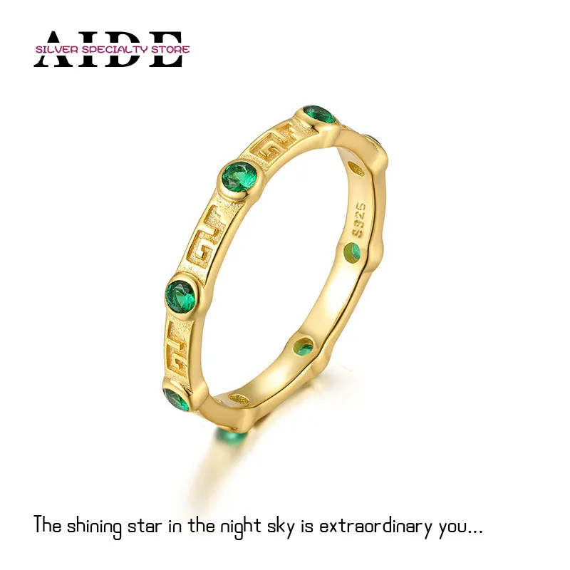 

AIDE 925 Sterling Silver 18k Gold Textured Green Zircon Ring for Women Delicate Rings Wedding Jewelry Gifts Anillos Plata Bague