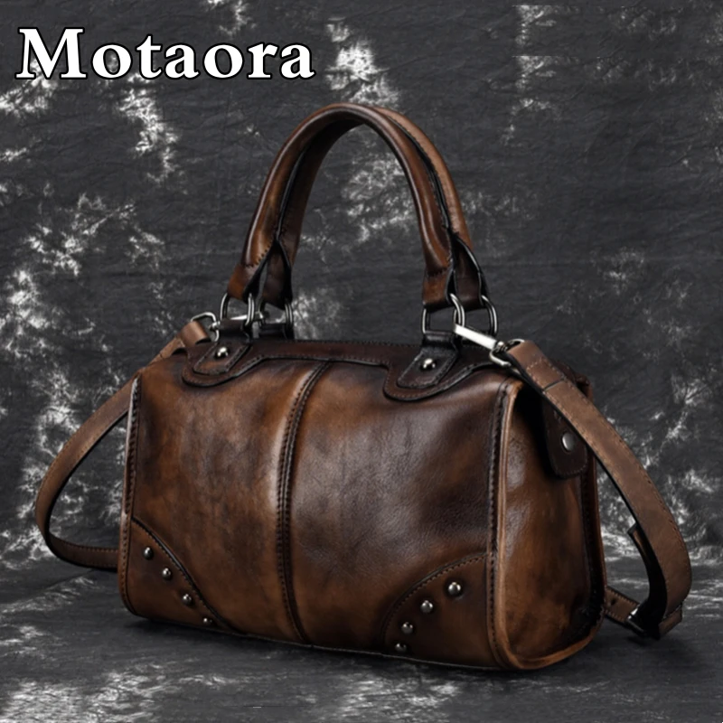 MOTAORA Vintage Women's Bag Handmade Handbags For Women Genuine Leather Shoulder Bags Luxury Designer Boston Bag Ladies Handbag