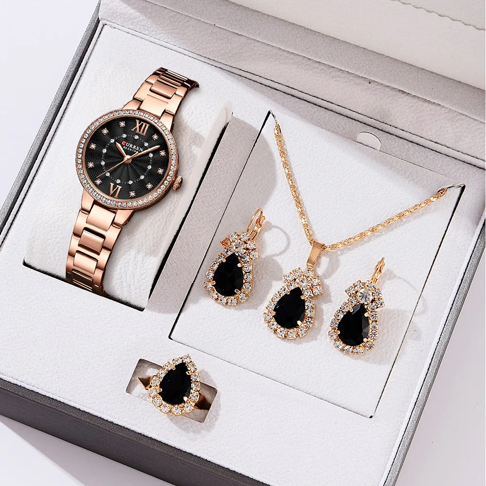 CURREN Luxury Watches For Women Stainless Steel Band Clock Female Rhinestone Dial Slim Wristwatches Ladies With 5 Piece Gift Set
