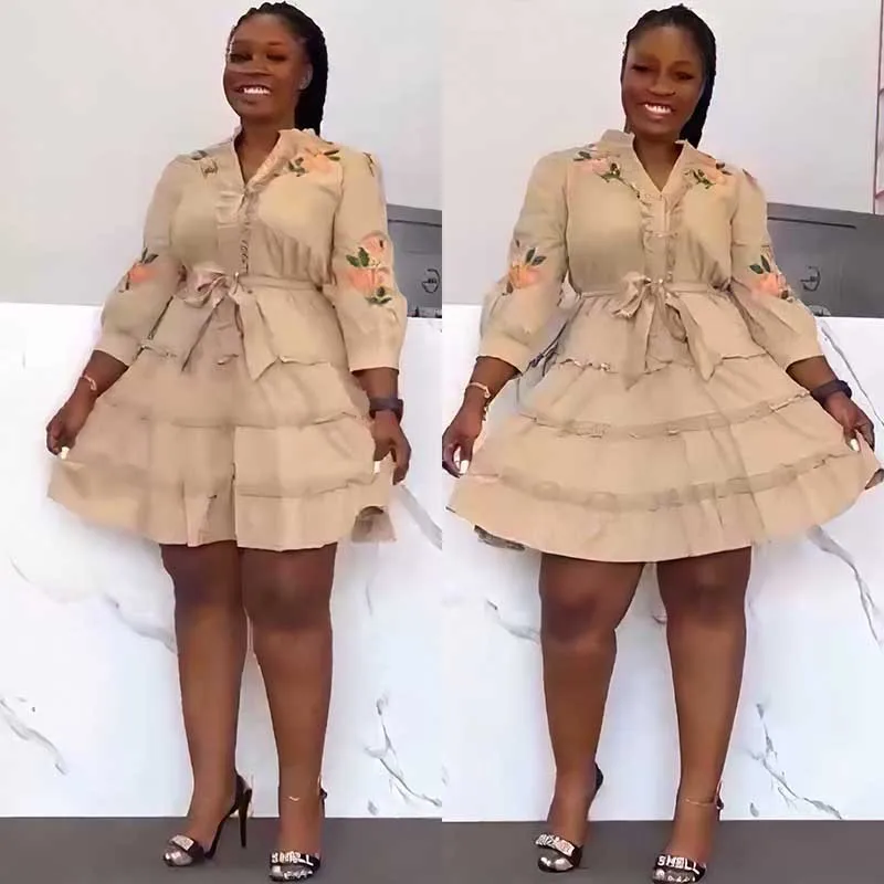 

L-3XL африканские платья для женщин, весна-осень, африканские женские черные, зеленые, хаки, платье с рукавом три четверти и вышивкой из полиэстера