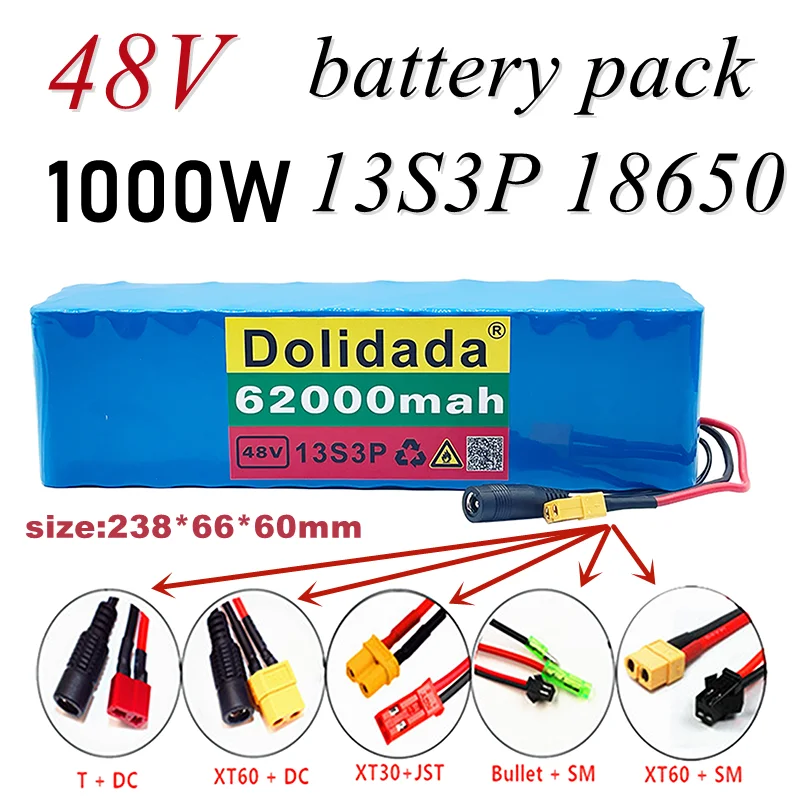 

48V 62000mAh 1000w 13S3P 48V Lithium ion Battery Pack For 54.6v E-bike Electric bicycle Scooter with BMS