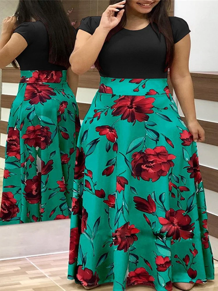 

Women Floral Printed Vestidos Long Fashion Female Summer Maxi Dress Loose Short Sleeve Patchwork Round Neck 2023 Ladies Clothes