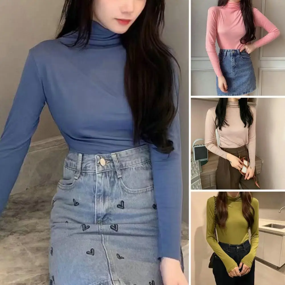 

Women Bottoming Top Slim Fit Long Sleeve Half Turtleneck High Elasticity Pullover Keep Warm Solid Color Autumn Lady Blouse Tops