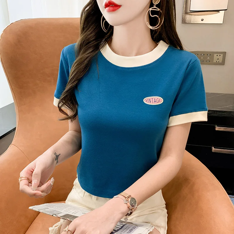 

3617#Real Shot Cotton Short SleeveTT-shirt Girls' Clothing2022New Summer Half Sleeve Contrast Color Slim Fit Student T-shirt