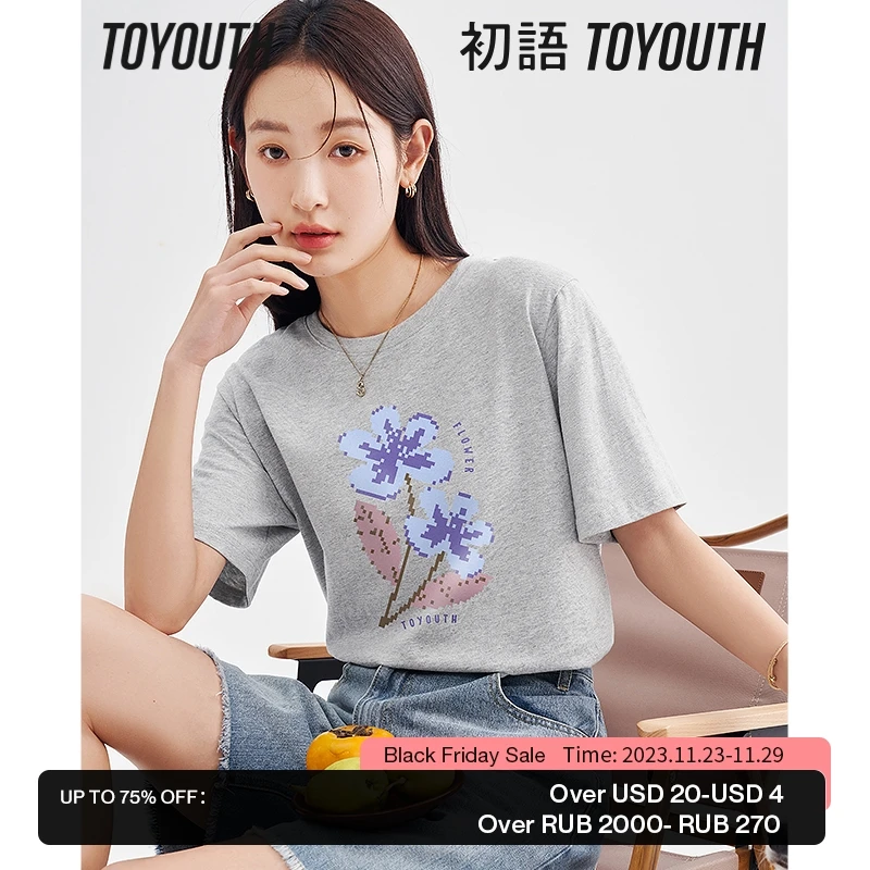 

Toyouth Women T-shirt 2023 Summer Short Sleeve O Neck Loose Tees Artistic Flower Print Pure Cotton Comfort Basic All Match Tops