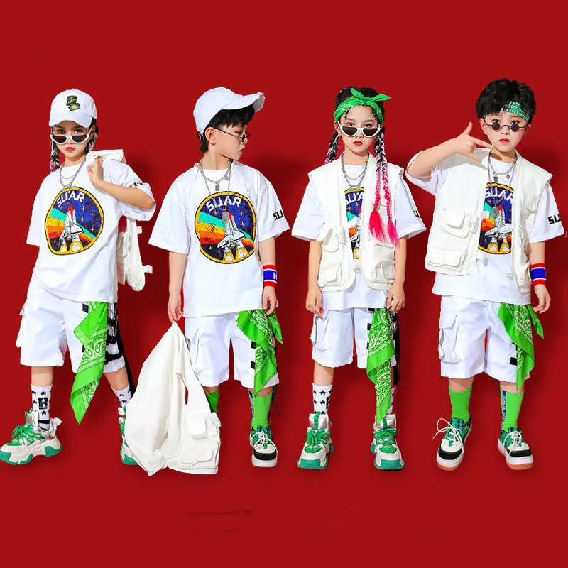 

2022 New Children Ballroom Hip Hop Dance Clothing For Girls Short Sleeved Loose Pants Street Dance Wear Jazz Costumes