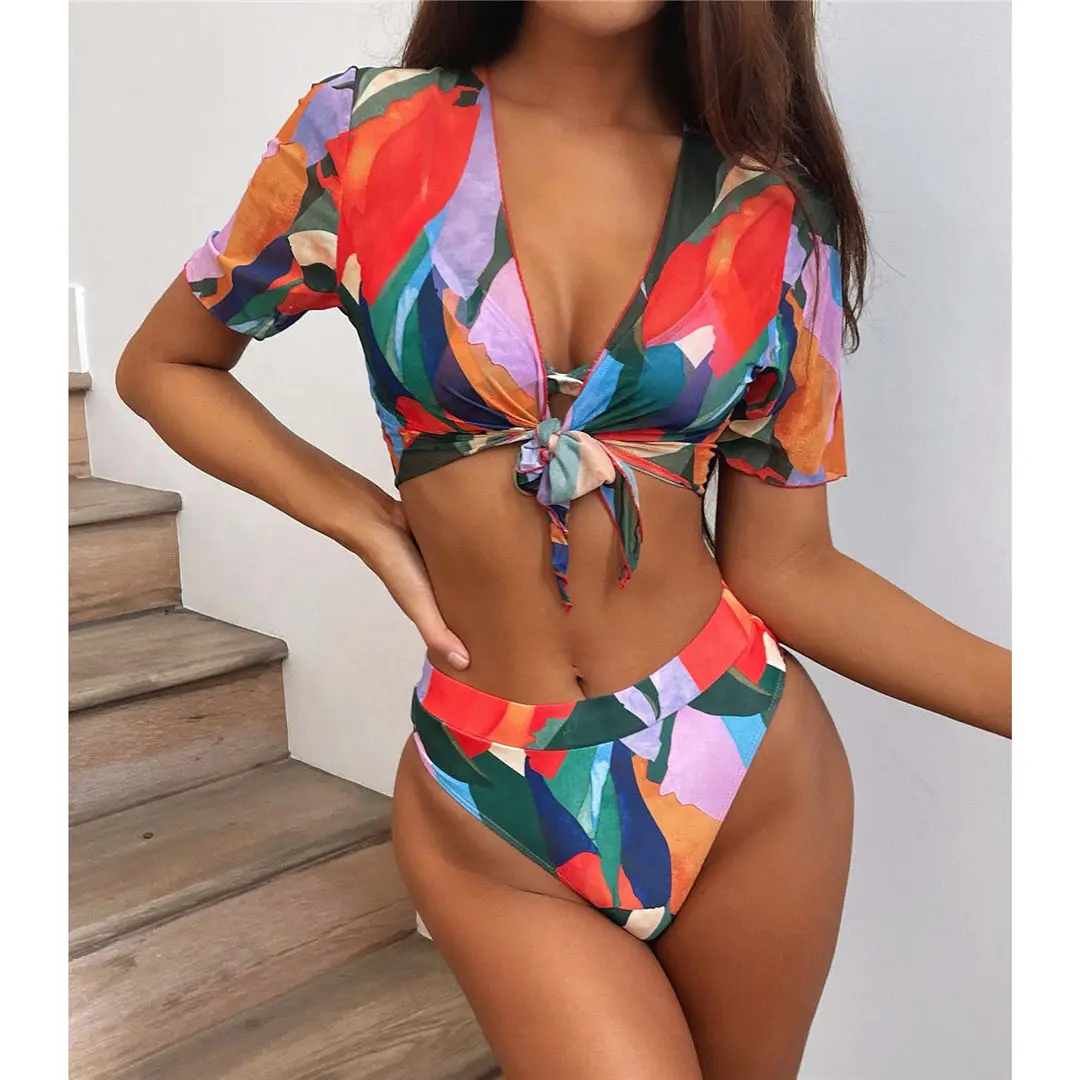 

2022 Colorful Print High Waist Bikini Female Swimsuit Women Summer Three-piece Bikini Swimwear Set Bather Sexy Bathing Suit Swim