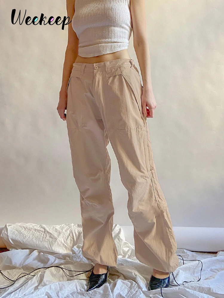

Weekeep/лоскутные брюки-карго с карманами, цвета хаки, с низкой посадкой, мешковатые Прямые повседневные штаны, женские модные спортивные штаны...