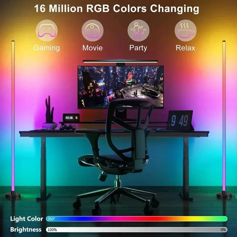 Фото Умный светодиодный торшер RGB с дистанционным и APP-управлением, синхронизация с музыкой, угловое освещение, таймер, современная лампа для создания атмосферы в гостиной и для гейминга №4