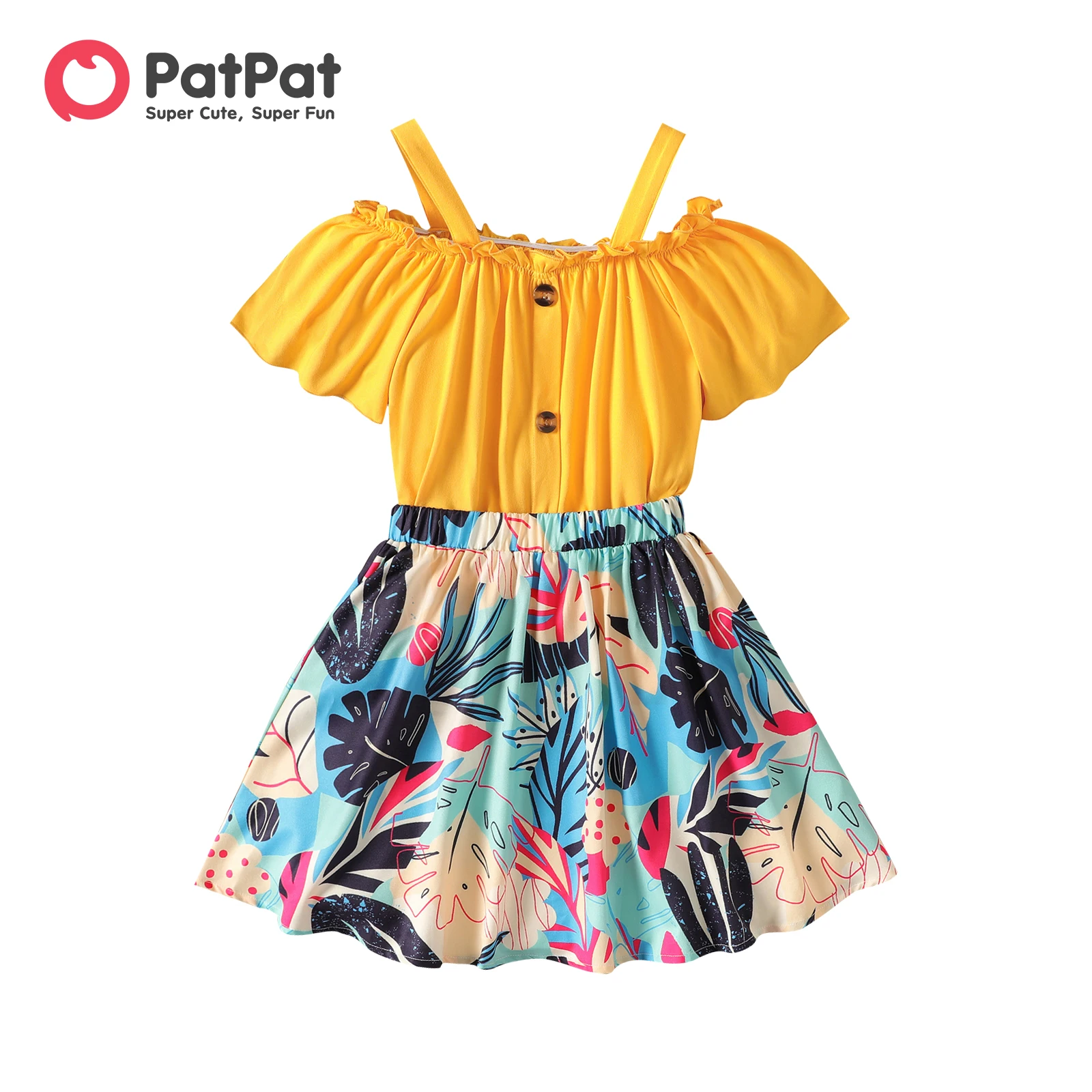 

PatPat 2Pcs Kid Girl Off-Shoulder Pleated Top & Plant Print Dress Set