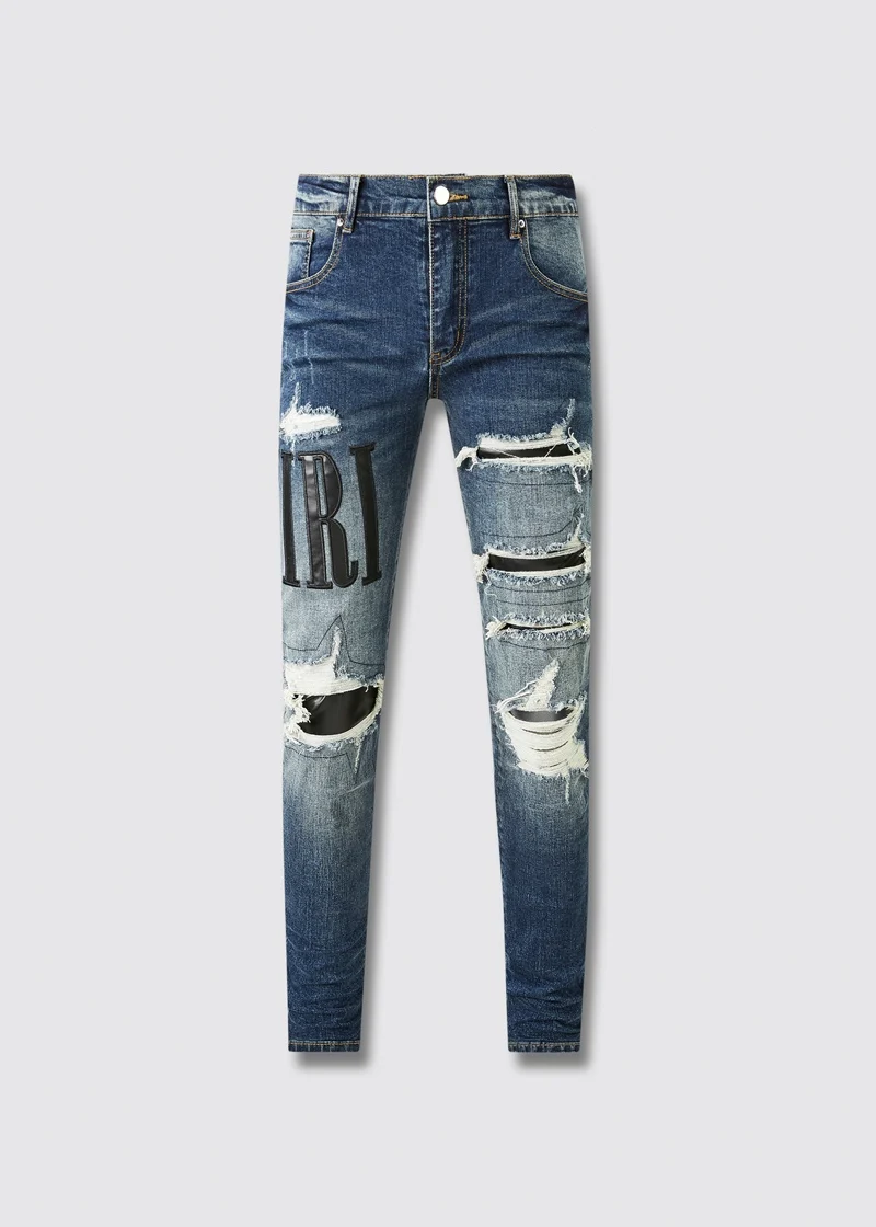 New Arrivals Light Blue Distressed Streetwear Slim Leather Letter Pattern Embroidered Patch Damaged Skinny Stretch Ripped Jeans