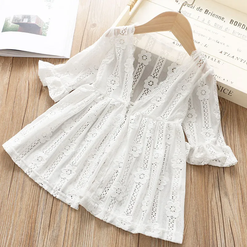 Новая белая блузка для девочек кардиган Детская тонкая верхняя одежда летняя