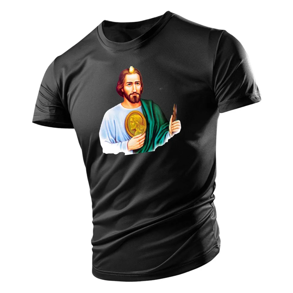 

Mexican Believer Saint Jude 2D Print T-Shirt Men Adult Black Four Seasons Oversized Comfortable Round Neck Short Sleeve Outdoor