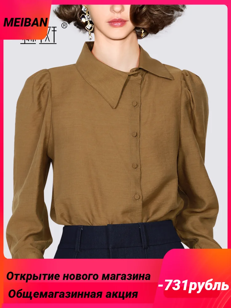 

MEIBAN Design sense vintage diagonal button ladies shirt spring and summer new puff sleeves irregular beveled cardigan button sh