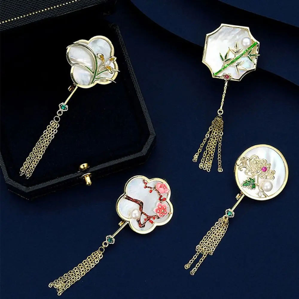 

Mountain Picture Fan Brooches For Women National Tassel Flowers Imitation Pearls Brooch Pin Chinese Style Girls Gifts