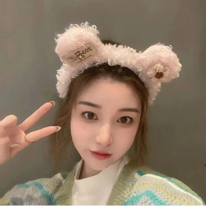 

Cute Bear Ears Plush Headband Elegant Temperament All-match Girl Fashion Hair Accessories Simple Flower Embroidery Headband