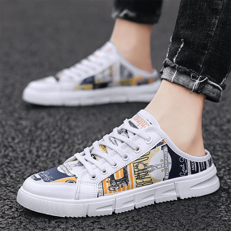 

Mens Casual Shoes Hot Sale Flat Sneakers Walking Footwear Chaussure Homme Loafer Summer Men Half Slippers Fashion Canvas Lace-up