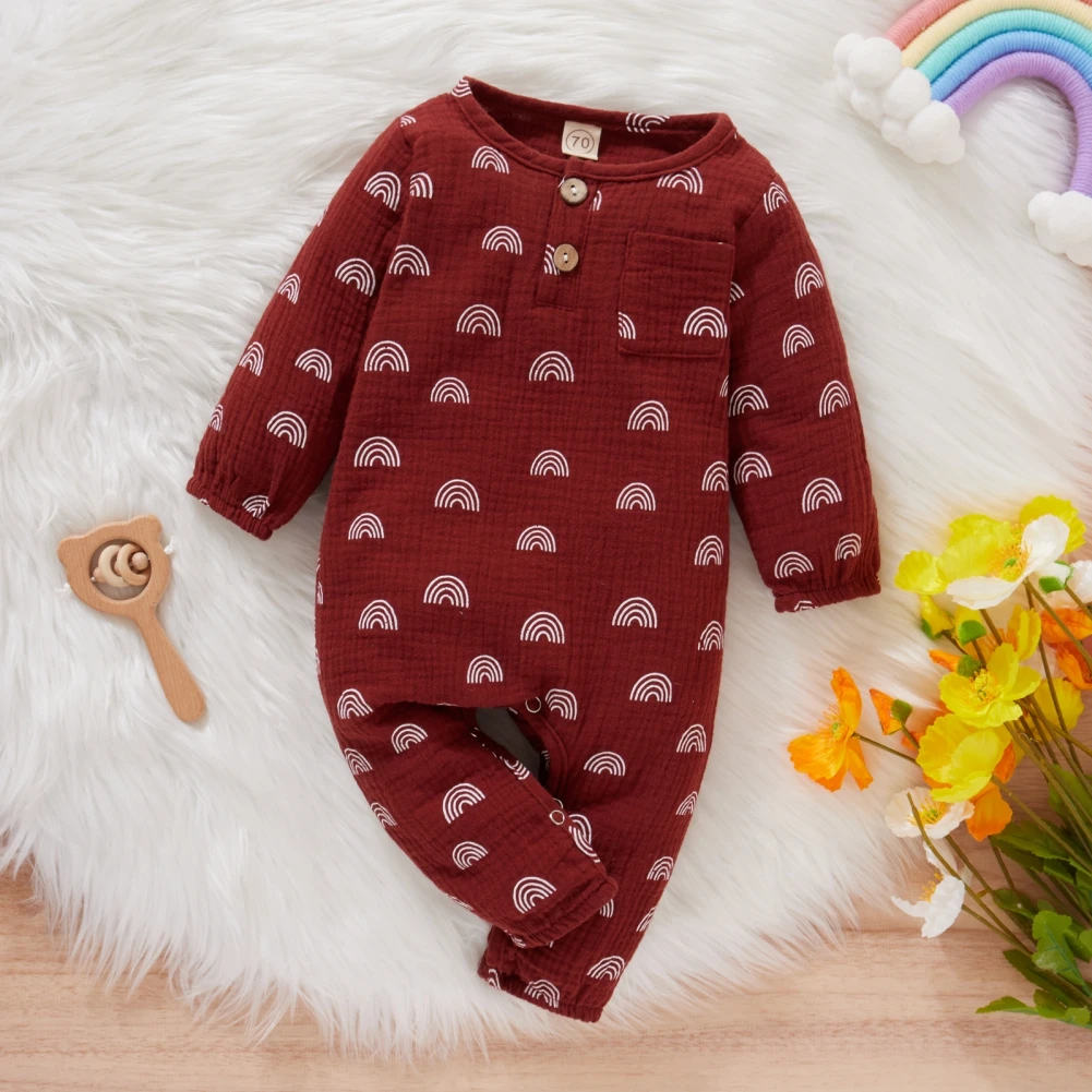 

Baywell/весенне-осенний комбинезон для новорожденных девочек и мальчиков, двойной комбинезон из крепа, радужные вышитые боди, хлопковая одежда...