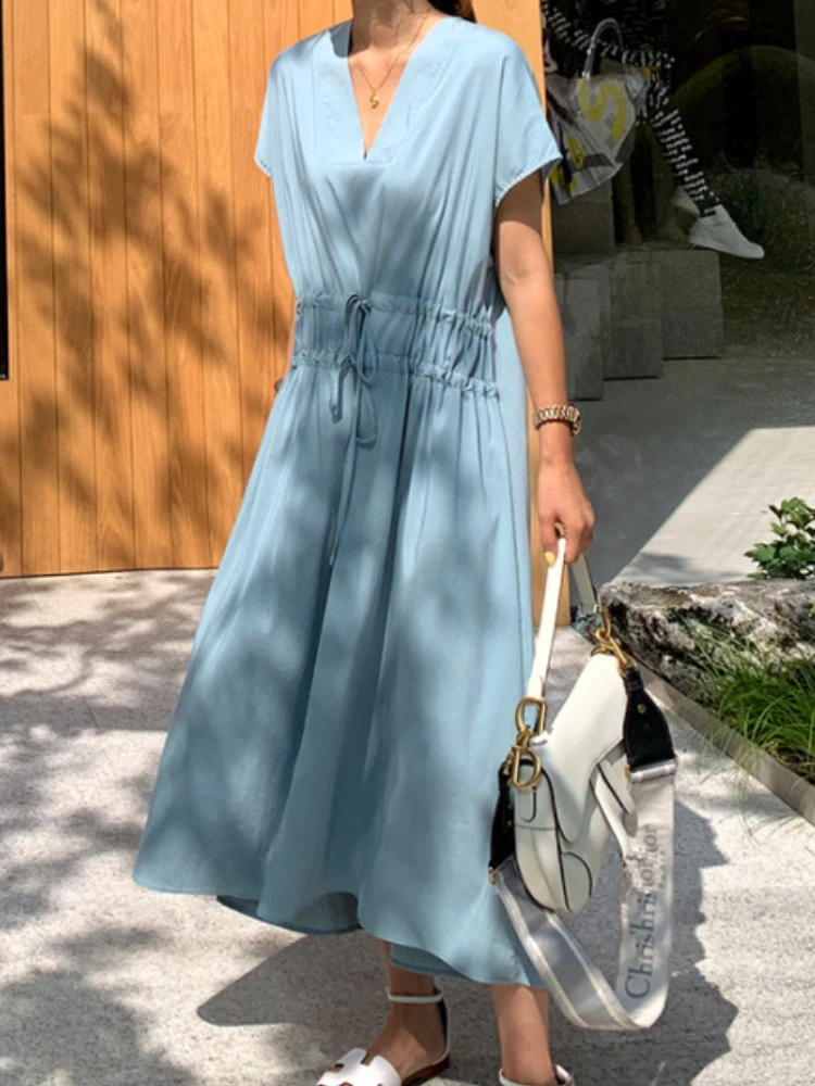 

Летние платья для женщин, новинка 2023, Модный женский свободный и простой однотонный топ с коротким рукавом, женская одежда