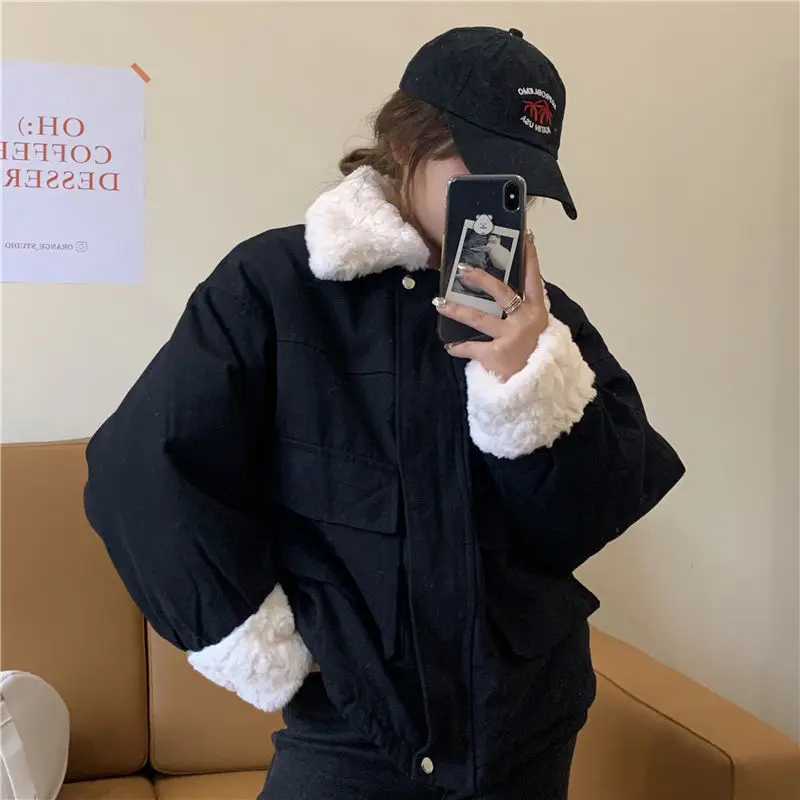 Deeptown Women Jackets Kawaii Harajuku Lambs Wool Oversize Coat Thicken Cropped Padded Cotton Jacket Winter Parka with Fur Sweet