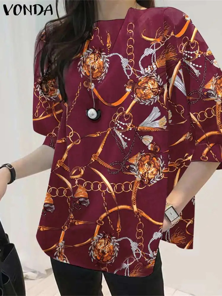 

2022 VONDA Женская Туника Топы повседневные 3/4 рукава фонарик Повседневный O-образный вырез ретро цепь печатная винтажная блузка мешковатая Мод...