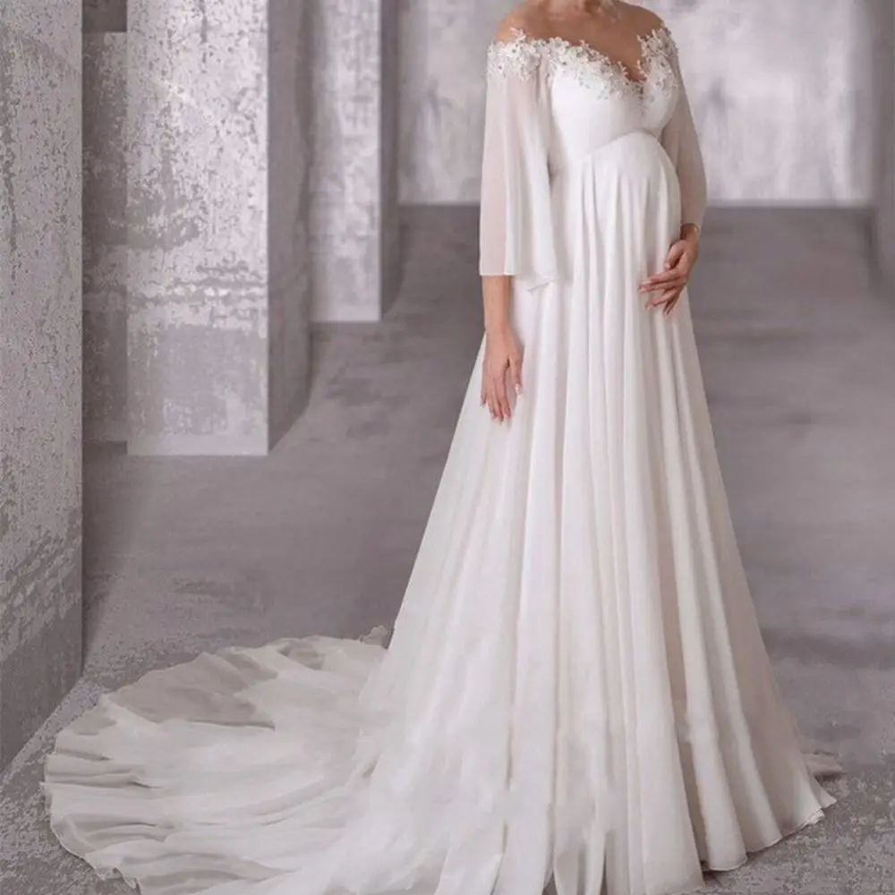 

Maternity Chiffon Wedding Dresses 2022 Long Sleeves Bohemian Pregnant Bridal Gowns Sweep Train Elegant Simple Robe De Mariage