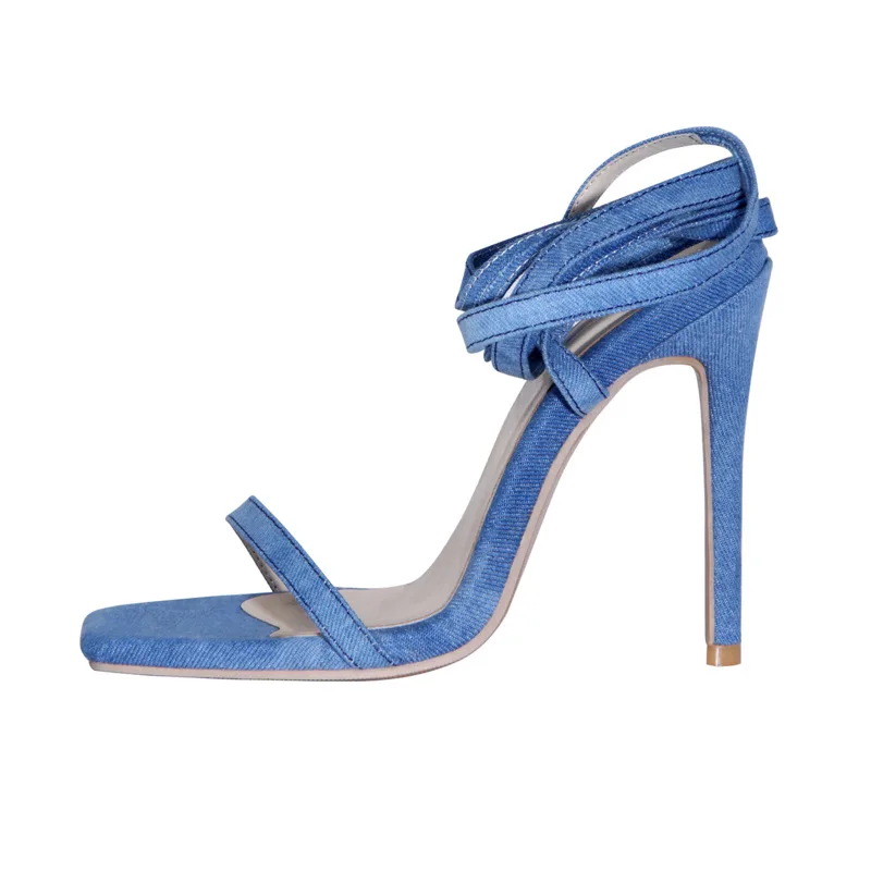 Women Sandal High Heels Cross Ankle Strap Blue Denim Sandal 2023 Summer Sexy Lady Dress Shoes