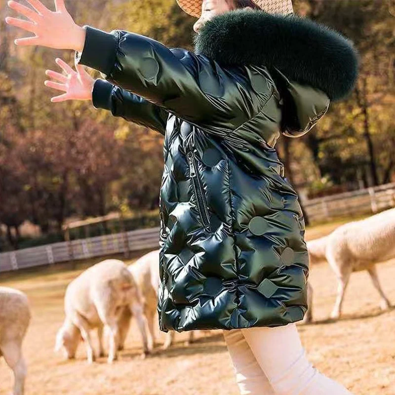 Children's Down Jacket Girls' Middle Long New Children's Bright Leather Coat