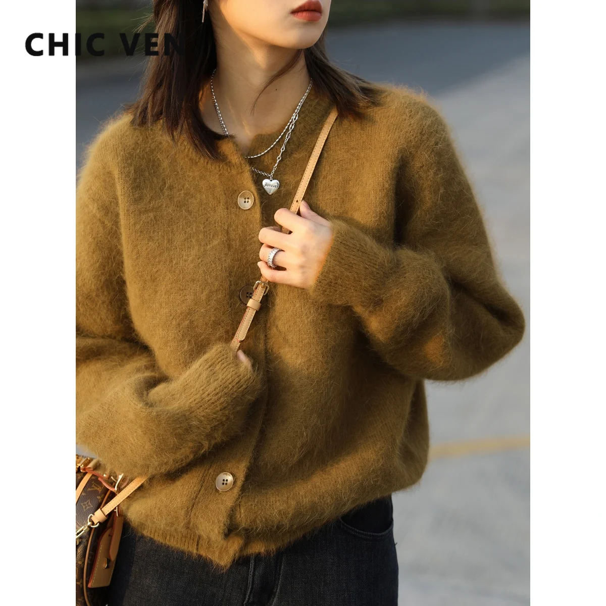 CHIC VEN Korean Fashion Women Cardigan Solid Color Round Neck Vintage Plush Women's Knitted Rabbit Hair Sweater Tops Woman Cloth