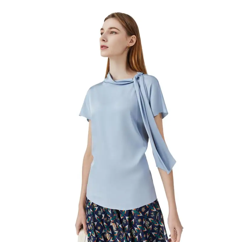 

Блузка Женская атласная с коротким рукавом, повседневная Однотонная рубашка из вискозы, Офисная шифоновая Модная рубашка, на лето