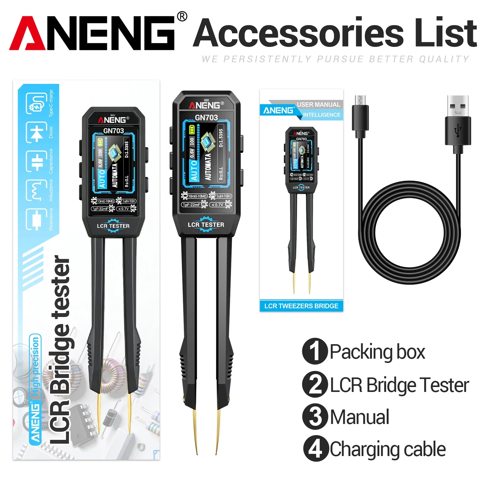 Интеллектуальные пинцеты-измерители ANENG GN703 LCR 100 Гц1 кГц10 кГц для измерения ESR, емкости, сопротивления, индуктивности, инструмент для измерения SMD-компонентов. (art.: 3920dcfffdb11) - 3920dcfffdb11