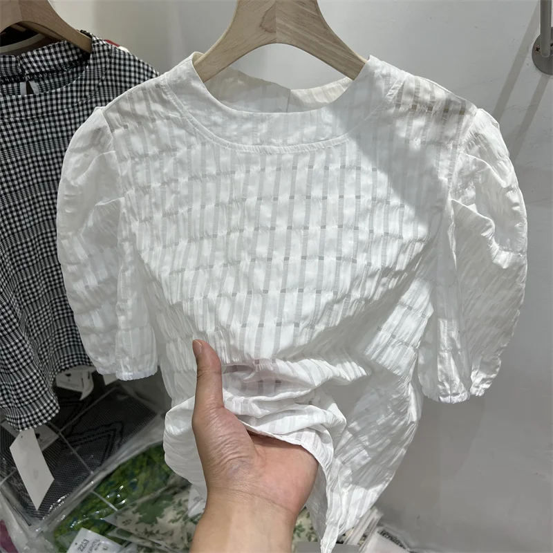 

Design sense niche retro sweet puff-sleeved short-sleeved T-shirt women's 2022 summer new plaid shirt top trendy