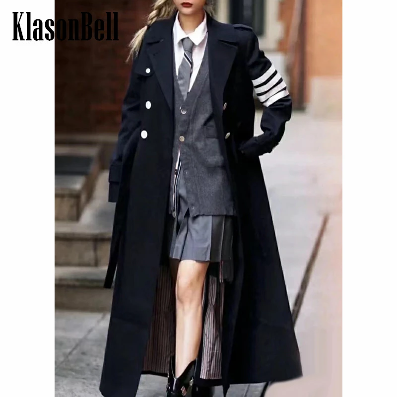 

9.19 KlasonBell High Street Striped Lapel Double Breasted With Belt Collect Waist Midi Trench Coat Women