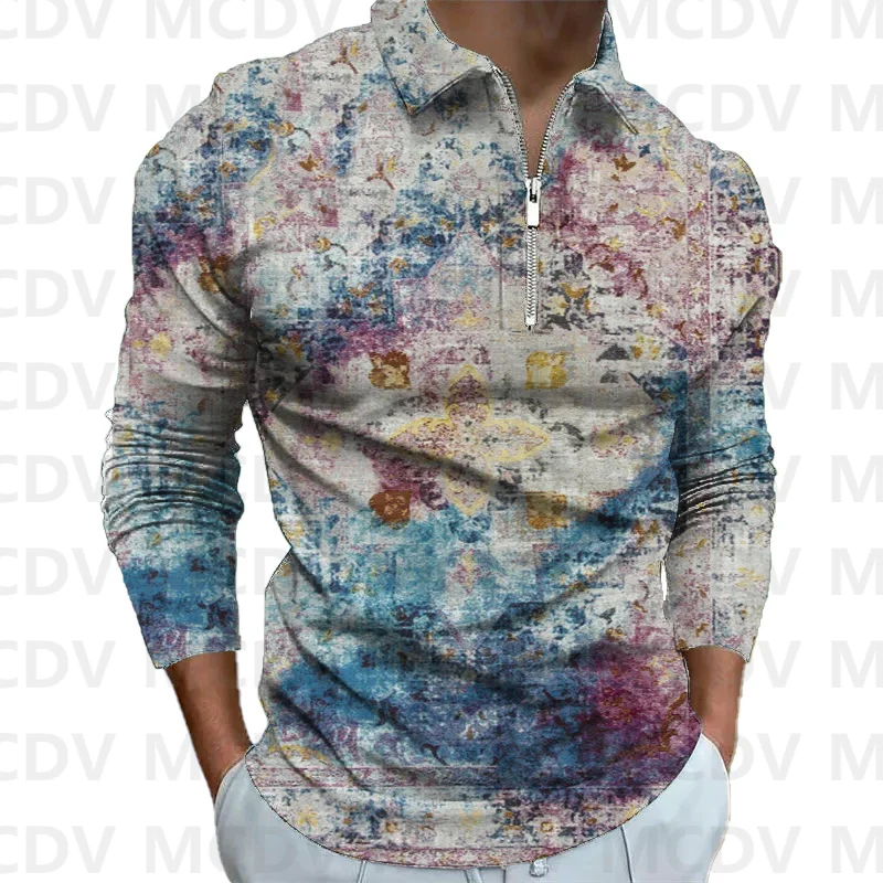 

Men's Long Sleeve Zipper Polo Shirt Retro Pattern 3D Printed Polo Long Sleeve T Shirt Autumn Casual Tops