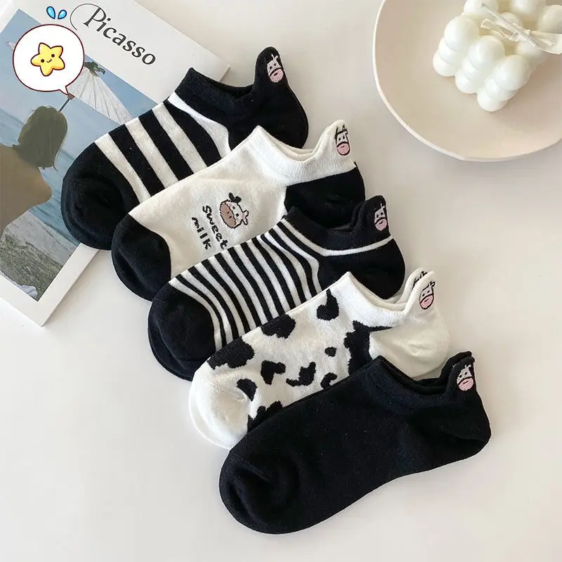 5 pares de calcetines de algodón con dibujos animados para mujer, medias de primavera y verano de vaca, oso, fruta, fresa, amor, Harajuku