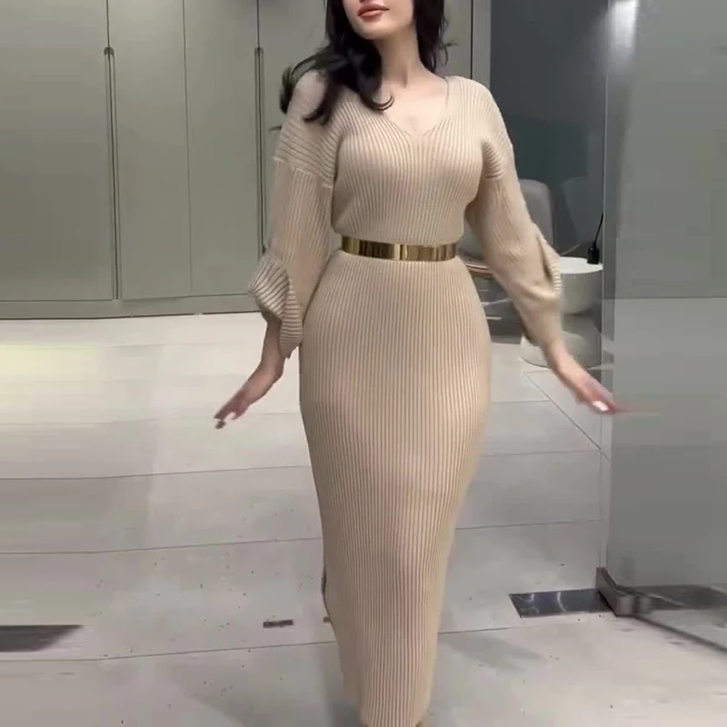 Женское повседневное однотонное тонкое длинное платье с длинным рукавом