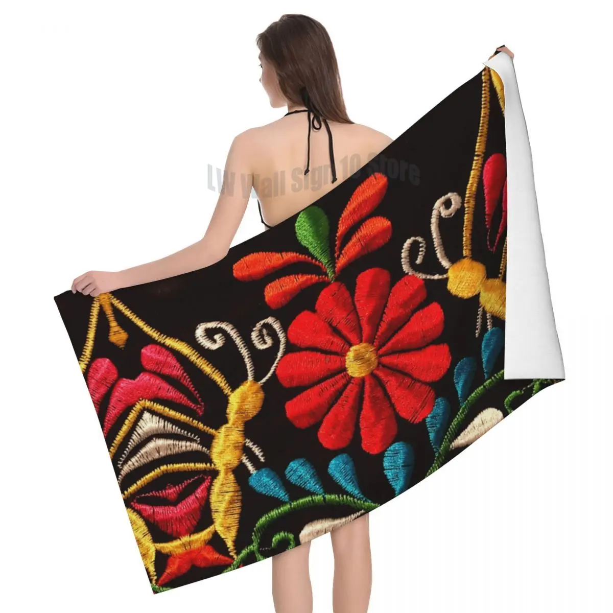 

Mexican Butterflies And A Red Flower Beach Towel Personalized Colorful Traditional Embroidery Soft Linen Microfiber Bath Towels