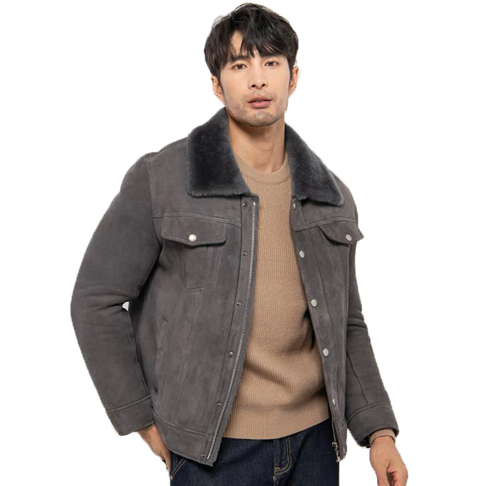 Мужская дубленка Denny&ampDora серая зимняя толстая теплая замшевая