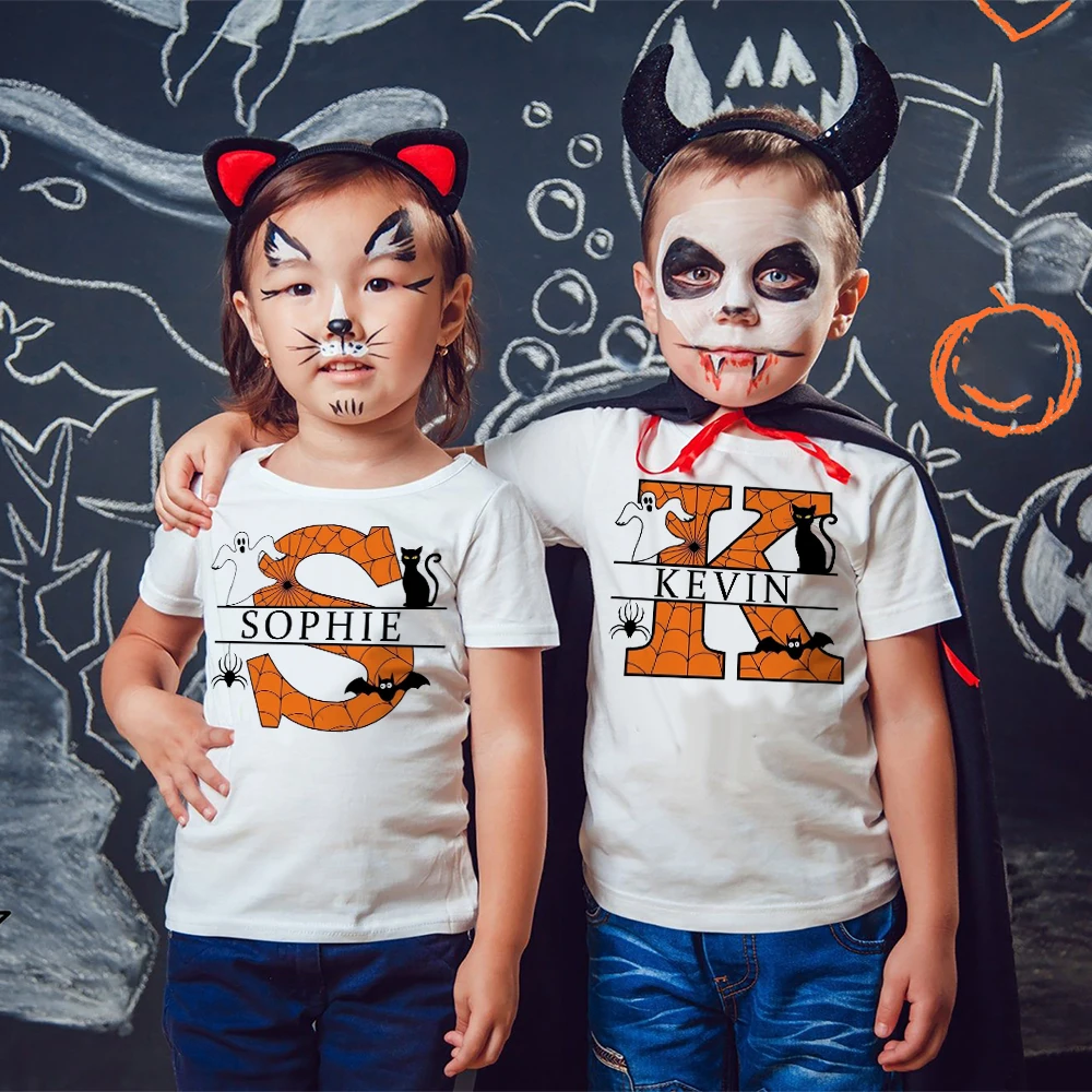 

Personalized Halloween T-shirt Initial with Name Girl Boys Halloween Party Outfit Shirt Kids Tshirt Clothes Holiday Toddler Tops
